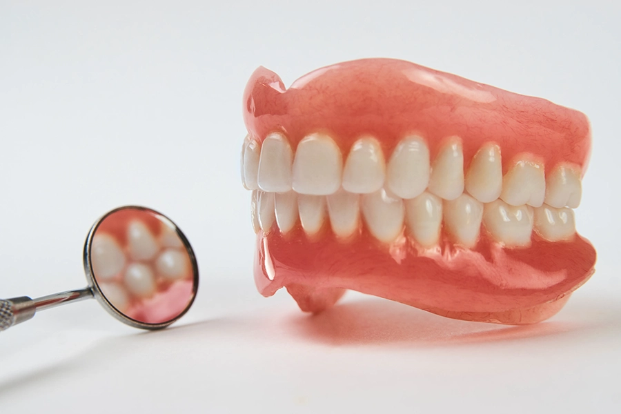 Patient reviewing denture options with dental team during consultation
